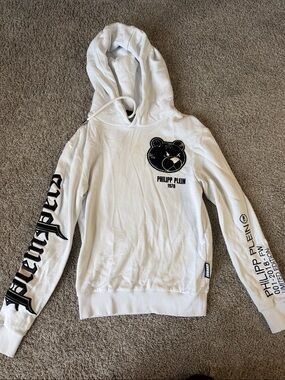 Philipp Plein White Hoodie with Black Bear Patch and Sleeve Graphics